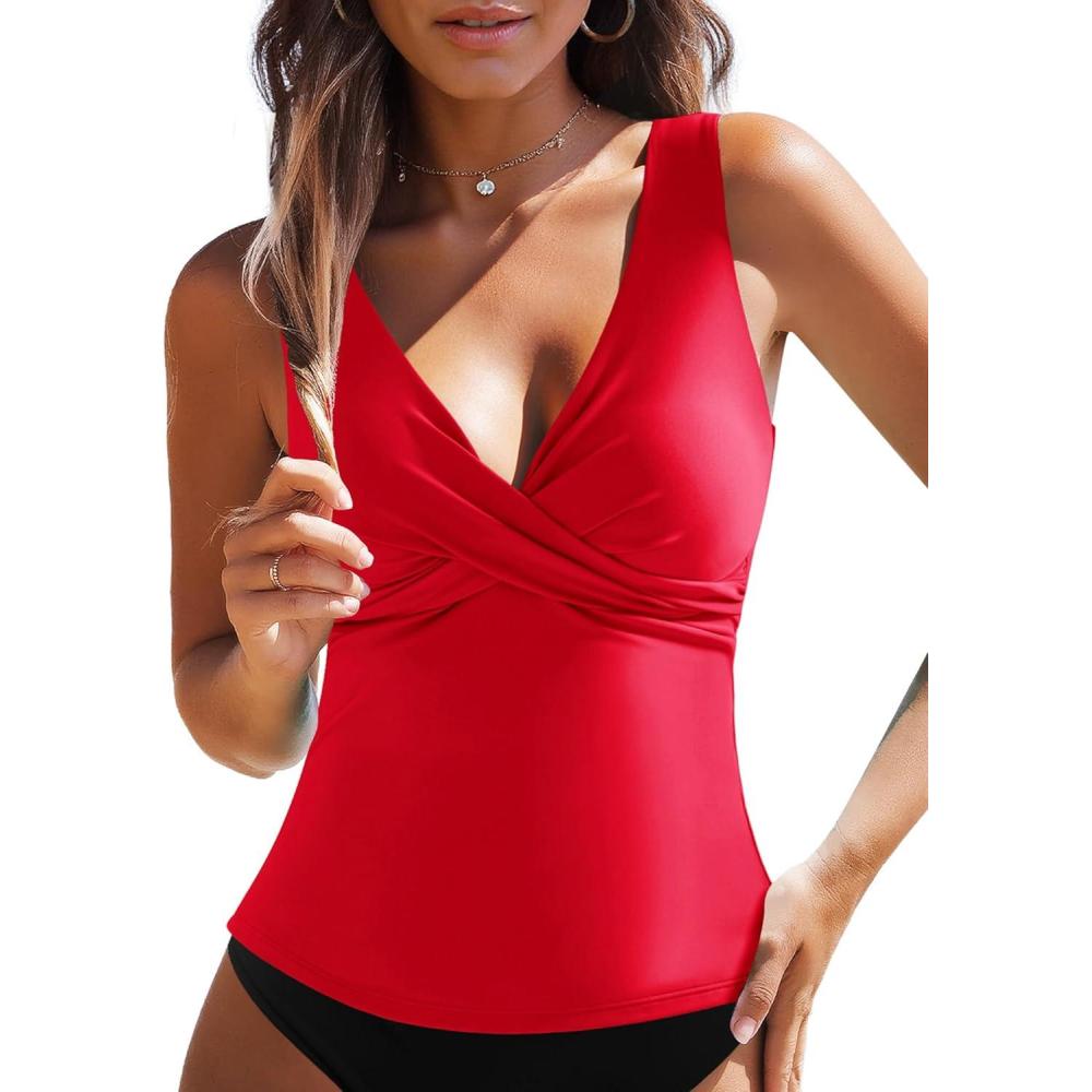 imageGRAPENT Tankini Tops for Women Cross Over Adjustable Straps Padded Modest Swimsuits Swimwear Bathing Suit Swim Top OnlyRed