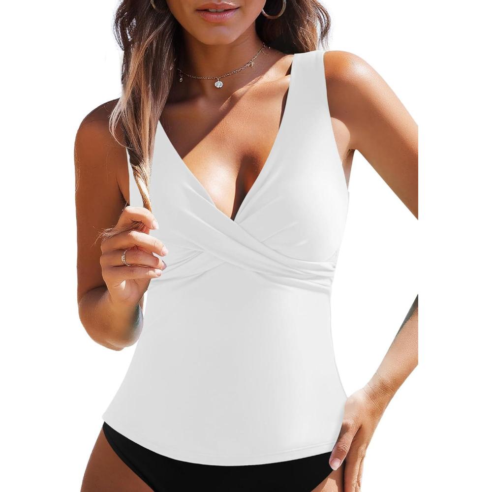 imageGRAPENT Tankini Tops for Women Cross Over Adjustable Straps Padded Modest Swimsuits Swimwear Bathing Suit Swim Top OnlyWhite