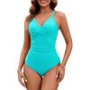 imageGRAPENT One Piece Swimsuit Women Ruched Twist Front Padded Modest Full Coverage Swim Bathing Suit Swimwear SwimsuitsAqua Blue