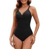 imageGRAPENT One Piece Swimsuit Women Ruched Twist Front Padded Modest Full Coverage Swim Bathing Suit Swimwear SwimsuitsBlack