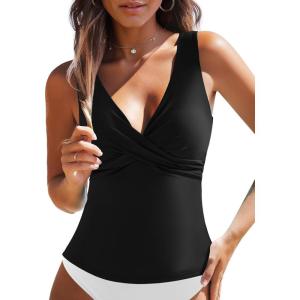 imageGRAPENT Tankini Tops for Women Cross Over Adjustable Straps Padded Modest Swimsuits Swimwear Bathing Suit Swim Top OnlyBlack