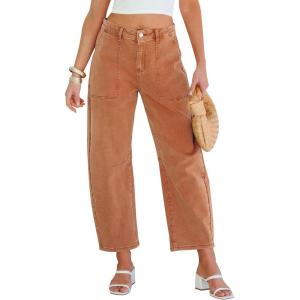 imageGRAPENT Barrel Jeans for Women High Waisted Trendy Wide Leg Baggy Ankle Length Stretchy Denim Trouser Jeans with PocketsCaramel