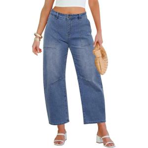 imageGRAPENT Barrel Jeans for Women High Waisted Trendy Wide Leg Baggy Ankle Length Stretchy Denim Trouser Jeans with PocketsSeaport Blue