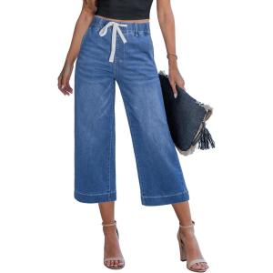 image:imageGRAPENT Capris Jeans for Women Trendy Wide Leg Capri Pants High Waisted Pull On Elastic Waist Summer Stretch Denim JeansMedium Blue