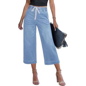 image:imageGRAPENT Capris Jeans for Women Trendy Wide Leg Capri Pants High Waisted Pull On Elastic Waist Summer Stretch Denim JeansPowder Blue