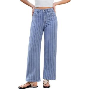 image:imageGRAPENT Striped Jeans for Women Trendy High Waisted Wide Leg Dressy Casual Slight Stretch Denim Pants Trouser JeansBay Blue