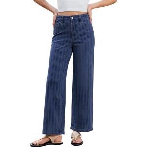 image:imageGRAPENT Striped Jeans for Women Trendy High Waisted Wide Leg Dressy Casual Slight Stretch Denim Pants Trouser JeansDarkness Blue