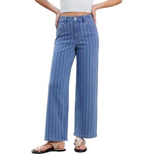 image:imageGRAPENT Striped Jeans for Women Trendy High Waisted Wide Leg Dressy Casual Slight Stretch Denim Pants Trouser JeansMedium Blue