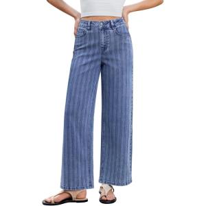 image:imageGRAPENT Striped Jeans for Women Trendy High Waisted Wide Leg Dressy Casual Slight Stretch Denim Pants Trouser JeansReef Blue