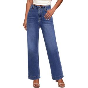 image:imageGRAPENT Wide Leg Jeans Woman High Waisted Trendy Stretchy Denim Pants Classic Trouser Jeans with Slash PocketsDark Atlantic Blue