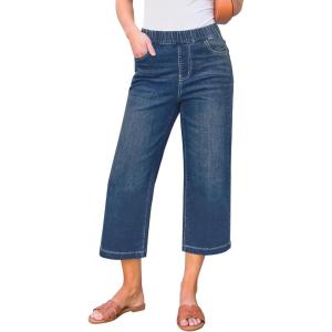 image:imageGRAPENT Capri Jeans for Women Wide Leg High Waisted Effortless Flow Pull On Stretchy Denim Elastic Waist Pants with PocketsVintage Blue