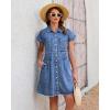 image:imageGRAPENT Denim Dresses for Women Short Sleeve Babydoll Pleated Raw Hem Distressed Casual Western Jean Dress with PocketsBay Blue