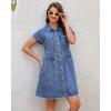 image:imageGRAPENT Denim Dresses for Women Short Sleeve Babydoll Pleated Raw Hem Distressed Casual Western Jean Dress with PocketsBay Blue
