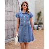 image:imageGRAPENT Denim Dresses for Women Short Sleeve Babydoll Pleated Raw Hem Distressed Casual Western Jean Dress with PocketsBay Blue