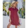 image:imageGRAPENT Denim Dresses for Women Short Sleeve Babydoll Pleated Raw Hem Distressed Casual Western Jean Dress with PocketsWine Red