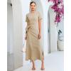 image:imageGRAPENT Long Dresses for Women Casual Summer Side Split Beach Vacation Short Sleeve Self Tie 2026 Comfy Tshirt DressBeige