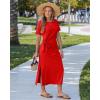 image:imageGRAPENT Long Dresses for Women Casual Summer Side Split Beach Vacation Short Sleeve Self Tie 2026 Comfy Tshirt DressRed
