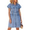 image:imageGRAPENT Denim Dresses for Women Short Sleeve Babydoll Pleated Raw Hem Distressed Casual Western Jean Dress with PocketsReef Blue