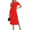 image:imageGRAPENT Long Dresses for Women Casual Summer Side Split Beach Vacation Short Sleeve Self Tie 2026 Comfy Tshirt DressRed