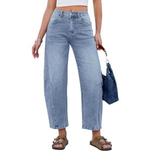 image:imageGRAPENT Barrel Jeans for Women Cropped Trendy High Waisted Baggy Side Seamed Casual Stretchy Denim Pants Wide Leg JeansBay Blue