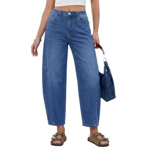 image:imageGRAPENT Barrel Jeans for Women Cropped Trendy High Waisted Baggy Side Seamed Casual Stretchy Denim Pants Wide Leg JeansClassic Blue