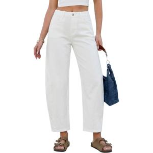 image:imageGRAPENT Barrel Jeans for Women Cropped Trendy High Waisted Baggy Side Seamed Casual Stretchy Denim Pants Wide Leg JeansCream White