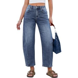 image:imageGRAPENT Barrel Jeans for Women Cropped Trendy High Waisted Baggy Side Seamed Casual Stretchy Denim Pants Wide Leg JeansDark Ocean Blue