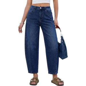 image:imageGRAPENT Barrel Jeans for Women Cropped Trendy High Waisted Baggy Side Seamed Casual Stretchy Denim Pants Wide Leg JeansDarkness Blue
