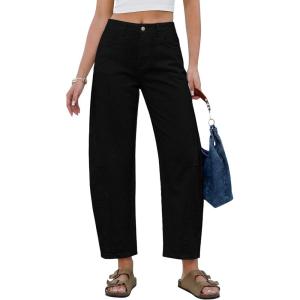 image:imageGRAPENT Barrel Jeans for Women Cropped Trendy High Waisted Baggy Side Seamed Casual Stretchy Denim Pants Wide Leg JeansTrue Black