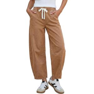 image:imageGRAPENT Barrel Jeans for Women Trendy High Waisted Cropped Baggy Wide Leg Pull On Elastic Waist Stretchy Denim PantsCaramel