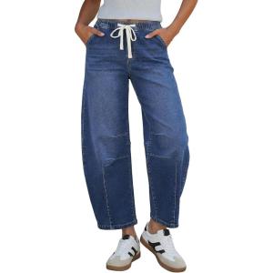 image:imageGRAPENT Barrel Jeans for Women Trendy High Waisted Cropped Baggy Wide Leg Pull On Elastic Waist Stretchy Denim PantsClassic Blue