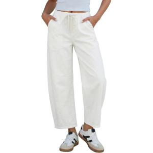 image:imageGRAPENT Barrel Jeans for Women Trendy High Waisted Cropped Baggy Wide Leg Pull On Elastic Waist Stretchy Denim PantsCream White