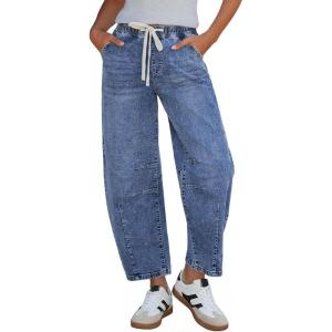 image:imageGRAPENT Barrel Jeans for Women Trendy High Waisted Cropped Baggy Wide Leg Pull On Elastic Waist Stretchy Denim PantsMidnight Blue