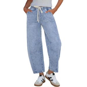 image:imageGRAPENT Barrel Jeans for Women Trendy High Waisted Cropped Baggy Wide Leg Pull On Elastic Waist Stretchy Denim PantsReef Blue
