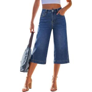 image:imageGRAPENT Capri Jeans for Women Wide Leg Trendy High Waisted Side Seam Stretchy Denim Capris Pants Summer Casual JeansClassic Blue