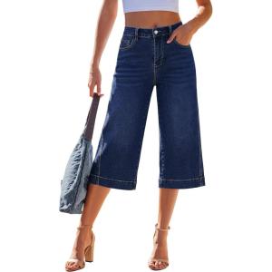 image:imageGRAPENT Capri Jeans for Women Wide Leg Trendy High Waisted Side Seam Stretchy Denim Capris Pants Summer Casual JeansDarkness Blue