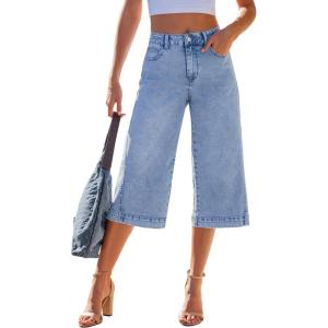 image:imageGRAPENT Capri Jeans for Women Wide Leg Trendy High Waisted Side Seam Stretchy Denim Capris Pants Summer Casual JeansRoadnight Blue