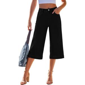 image:imageGRAPENT Capri Jeans for Women Wide Leg Trendy High Waisted Side Seam Stretchy Denim Capris Pants Summer Casual JeansTrue Black