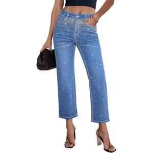 image:imageGRAPENT Cropped Jeans for Women High Waisted Straight Leg Embellished Rhinestone Concert Party Night Out Sparkly JeansClassic Blue