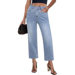 image:imageGRAPENT Cropped Jeans for Women High Waisted Straight Leg Embellished Rhinestone Concert Party Night Out Sparkly JeansLakeside Blue