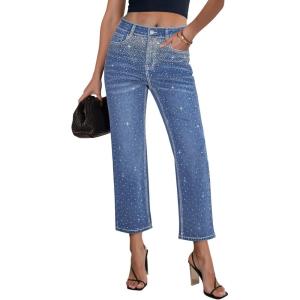 image:imageGRAPENT Cropped Jeans for Women High Waisted Straight Leg Embellished Rhinestone Concert Party Night Out Sparkly JeansTimeless Blue