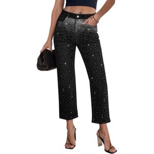 image:imageGRAPENT Cropped Jeans for Women High Waisted Straight Leg Embellished Rhinestone Concert Party Night Out Sparkly JeansTrue Black