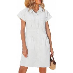 image:imageGRAPENT Denim Dresses for Women Short Sleeve Babydoll Pleated Raw Hem Distressed Casual Western Jean Dress with PocketsCream White