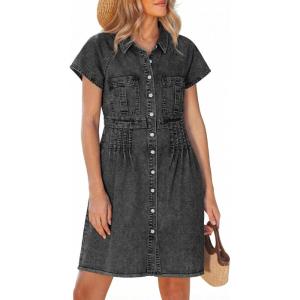image:imageGRAPENT Denim Dresses for Women Short Sleeve Babydoll Pleated Raw Hem Distressed Casual Western Jean Dress with PocketsWashed Black