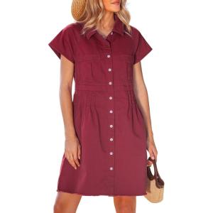 image:imageGRAPENT Denim Dresses for Women Short Sleeve Babydoll Pleated Raw Hem Distressed Casual Western Jean Dress with PocketsWine Red