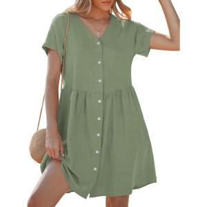 image:imageGRAPENT Linen Dresses for Women Casual Summer Babydoll Button Down Short Sleeve V Neck Above Knee Dress with PocketsArmy Green