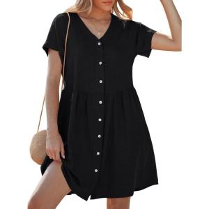 image:imageGRAPENT Linen Dresses for Women Casual Summer Babydoll Button Down Short Sleeve V Neck Above Knee Dress with PocketsBlack