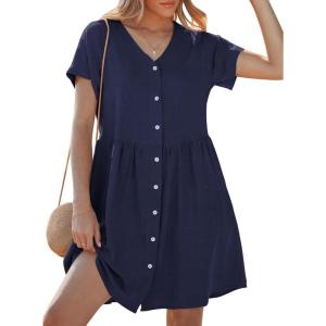 image:imageGRAPENT Linen Dresses for Women Casual Summer Babydoll Button Down Short Sleeve V Neck Above Knee Dress with PocketsNavy Blue