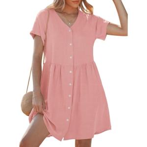 image:imageGRAPENT Linen Dresses for Women Casual Summer Babydoll Button Down Short Sleeve V Neck Above Knee Dress with PocketsPink