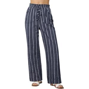 image:imageGRAPENT Linen Pants Women Wide Leg Striped High Waisted Pull On Elastic Waist Casual Summer Beach Vacation Palazzo PantsNavy Blue Stripe